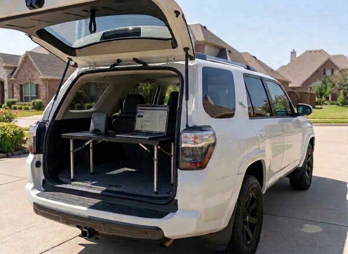 A professional digital pool water testing meter and an open laptop placed neatly on a compact, portable folding desk in the back cargo area of a white 2025 Toyota 4Runner with the rear gate open, bright daytime light, suburban driveway background, realistic photograph, landscape orientation, focus on an organized mobile water-testing workstation.